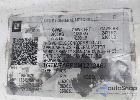 2021 GMC Savana Cargo Rwd 2500 Regular Wheelbase Work Van z USA, uszkodzony, nr VIN 1GTW7AFPXM1212467